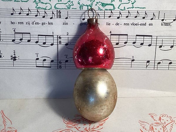 Antieke kerstbal bolle paddenstoel met witte stippen, 8 cm