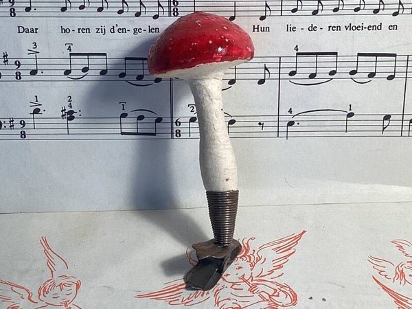 Antieke kerstbal wattenpop paddenstoel met gelatine wax top witte stippen, op clip, 9,5 cm