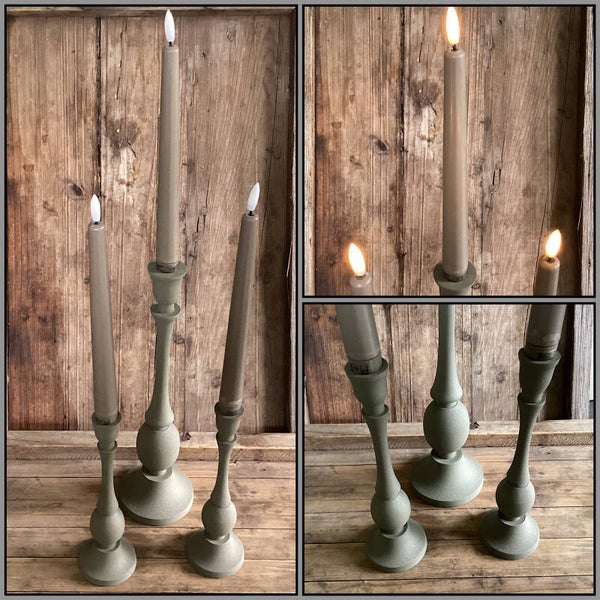 3 Kaarsenkandelaren grijs groen (23 en 35 cm) incl.ledkaarsen