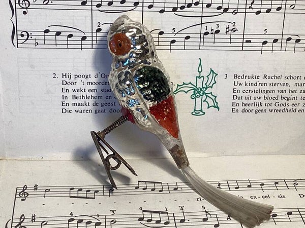 Antieke kerstbal uil, gewaxt op dubbele veer clip, groen, rood zilver, fiberstaart, 13 cm
