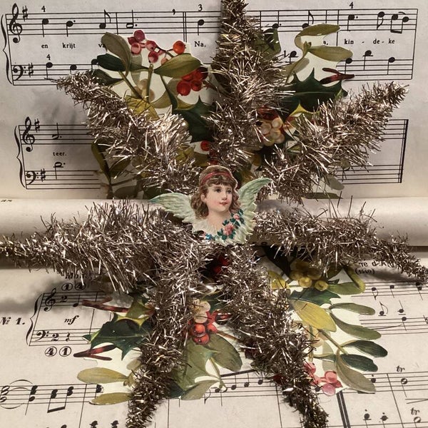 Antieke tinsel ster 20 cm met engel poesieplaatje, ook geschikt als kerst piek feathertree