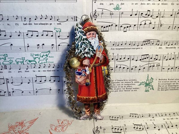 Antieke tinsel met kerstman poesieplaatje en kerstbal, 18 cm