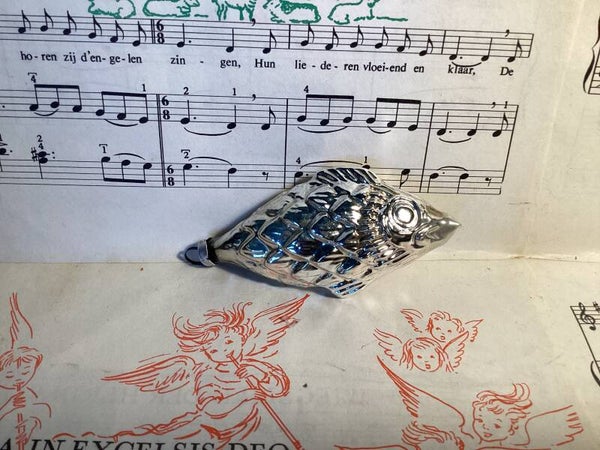 Antieke kerstbal vis, zilver, 8 cm