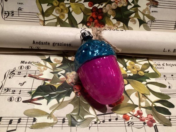 Antieke kerstbal eikel 7 cm Roze blauw