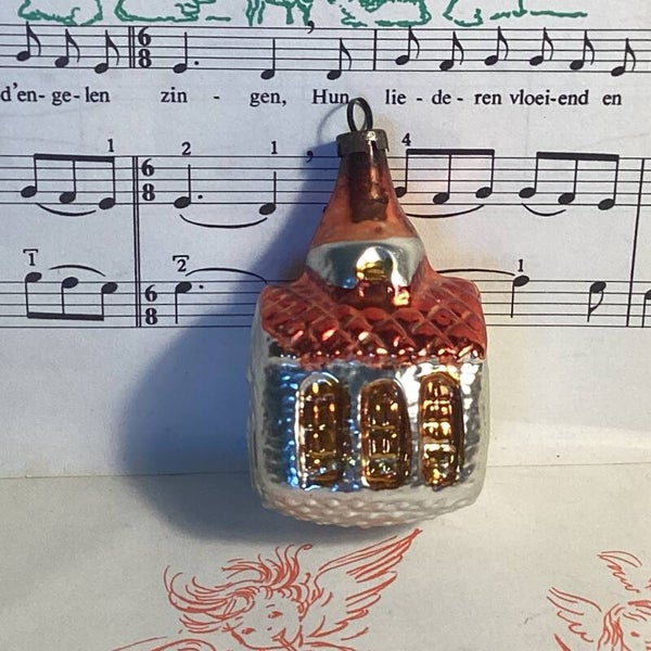 Antieke kerstbal kerk, zilver, rood, oranje, 3,5x6x3 cm