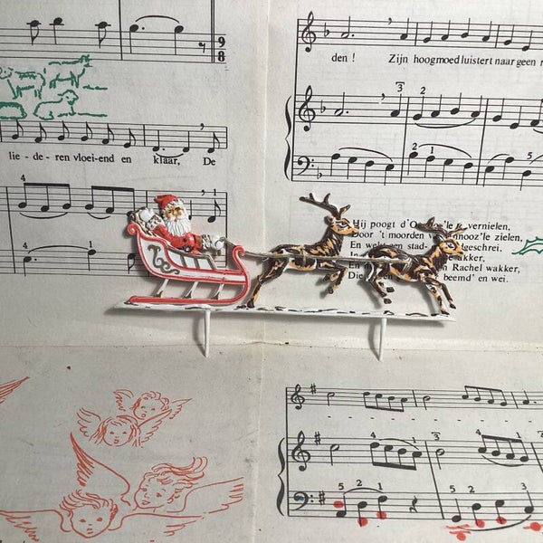 Vintage taartenprikker kerstman met arreslee, 12x6 cm dubbelzijdig