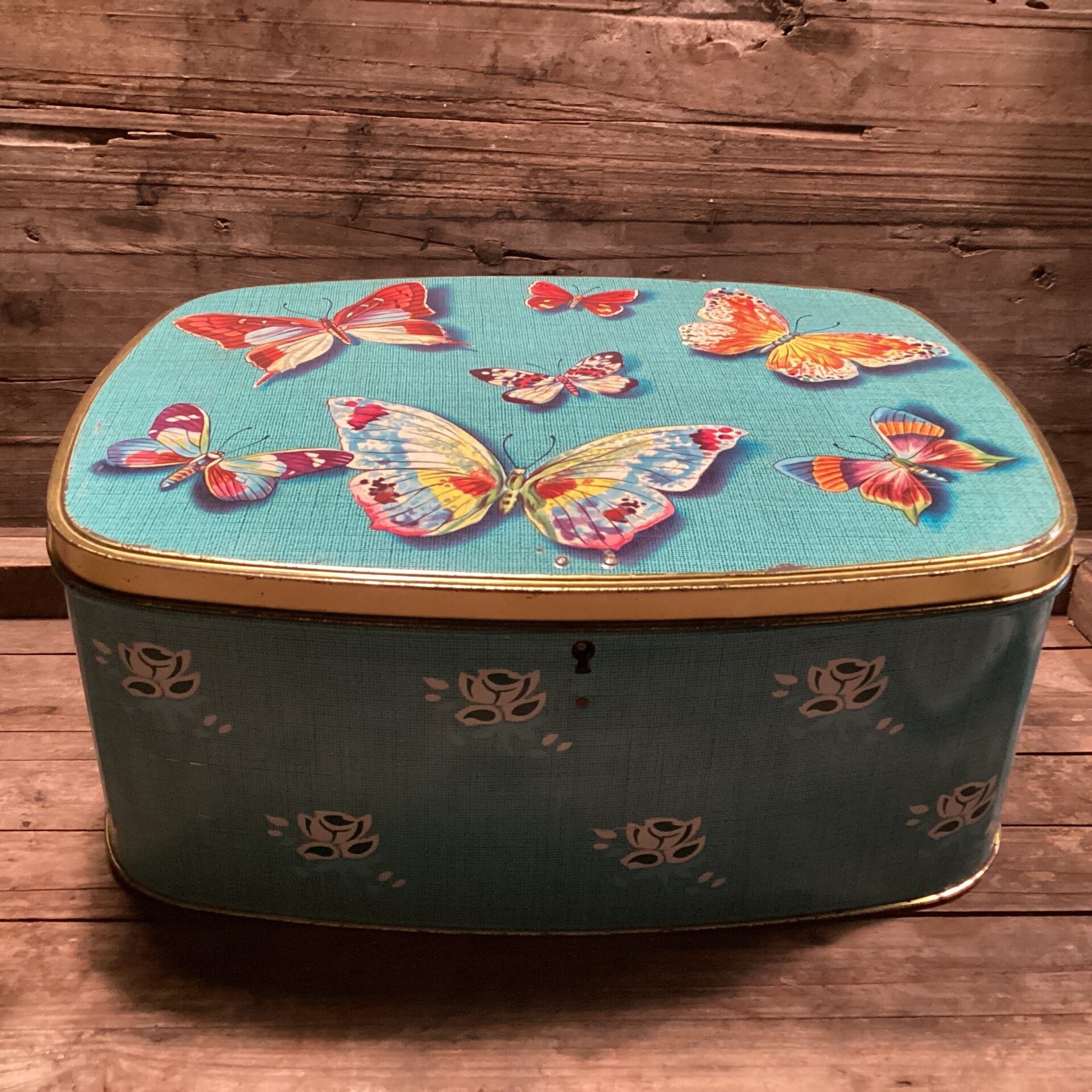 Groot vintage opberg blik vlinders, mooie staat, 30x13x23 cm