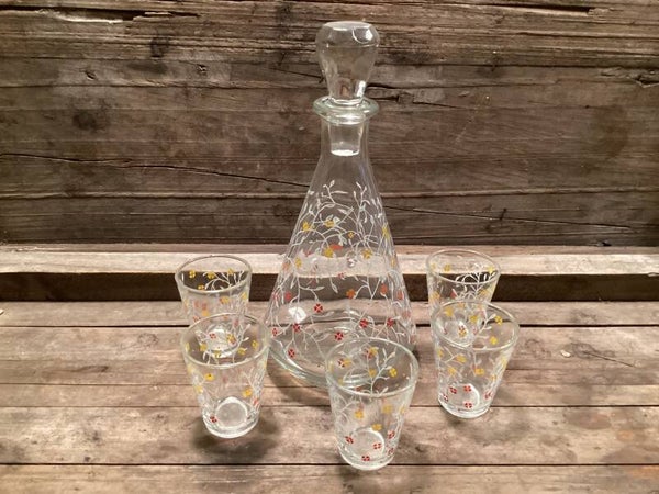 Likeursetje, karaf (20 cm) met 5 glaasjes met mooie frisse voorjaarsbloemen