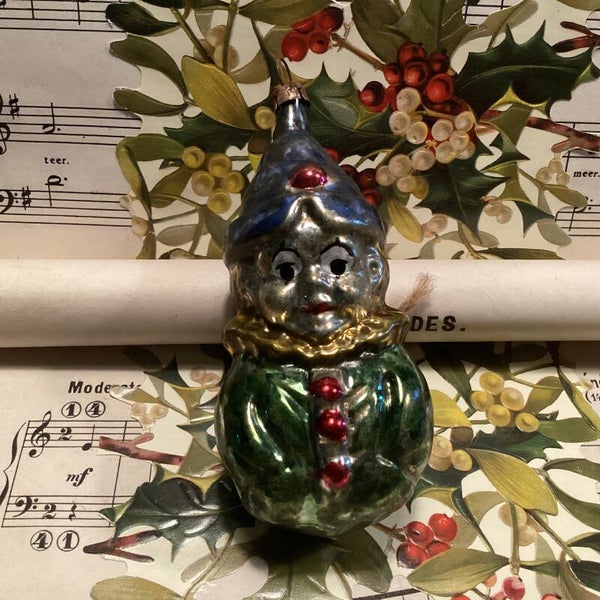 kerstbal clowntje 10 cm, groen, geel,rood, blauw mutsje