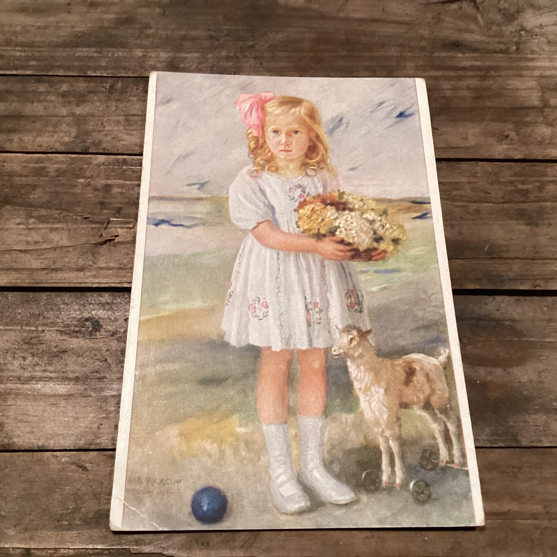 Antieke kaart meisje met lammetje