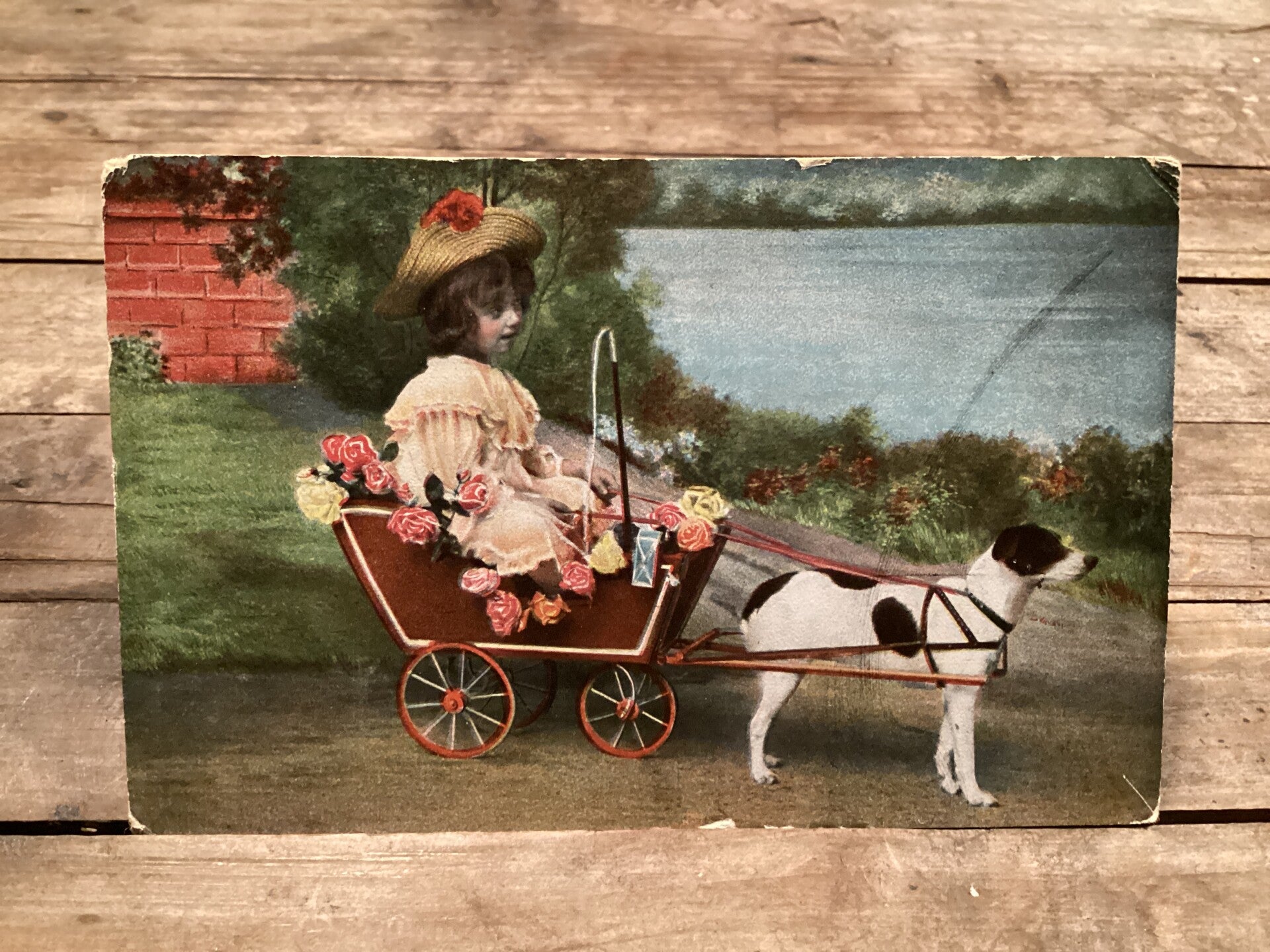 Antieke kaart meisje met hondenkar