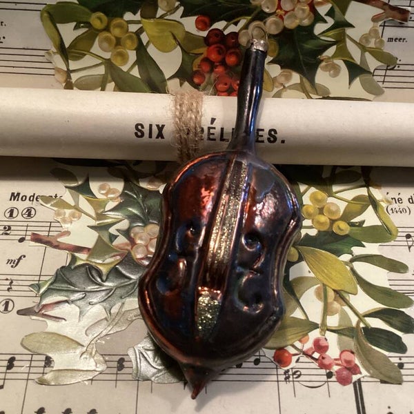 Antieke kerstbal grote cello, mooi donkerbruin