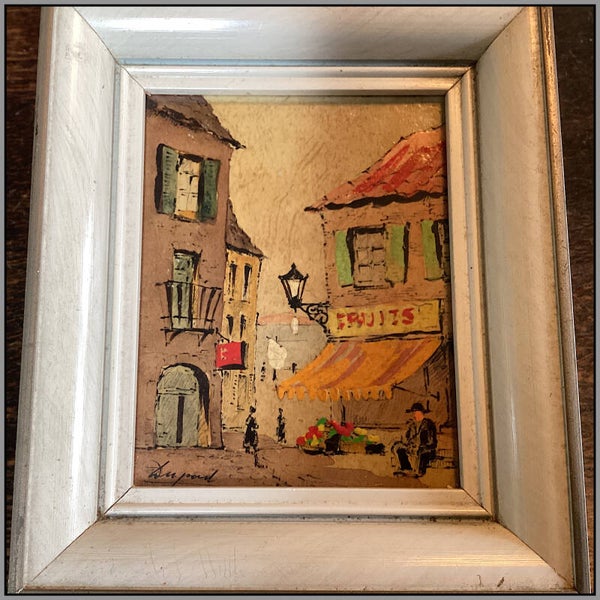 Klein schilderijtje in lijst van Dupont met olieverf schilderijtje van Parijse stadsgezichten. Afm. 13,5x11,5 cm