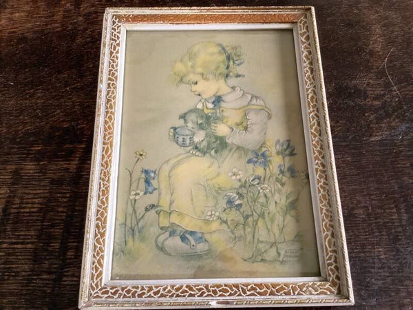 Erna Maison liefelijke afbeelding meisje met poes op schoot 20x15 cm