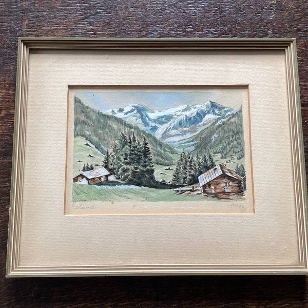 Aquarel Gstaad alpen gesigneerd in lijst passepartoutt 22x18