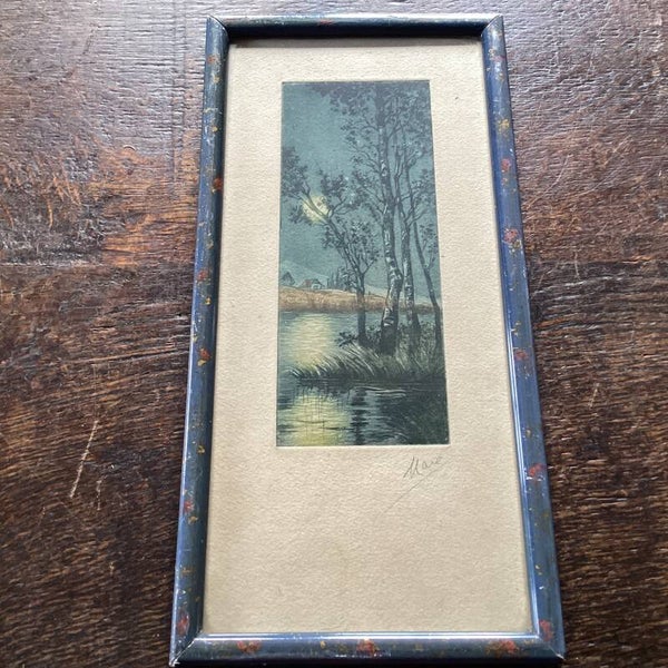Pentekening maan door bomen gesigneerd, 27x13 cm