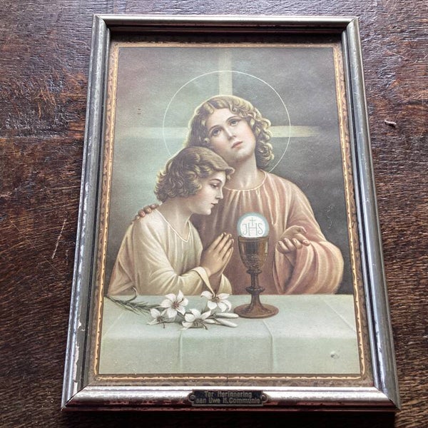 Heilige communie oude prent in lijst 30x21 cm