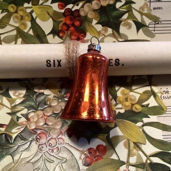Antieke kerstbal kerst klok 5 cm oranje met klepel