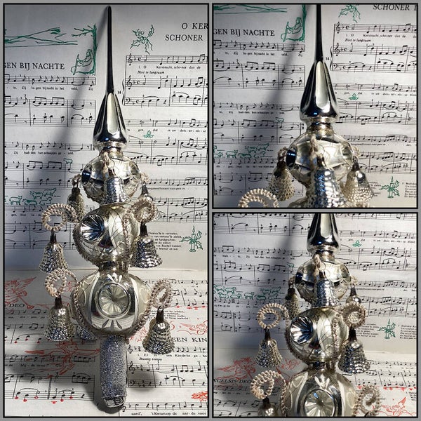 Antieke kerstpiek met 9 klokjes, chenille, tinsel, gelobde steel