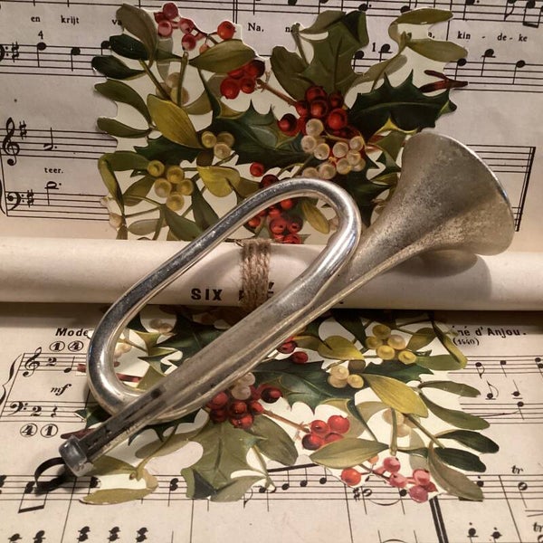 Antieke kerstbal grote trompet, verweerd zilver, 15 cm