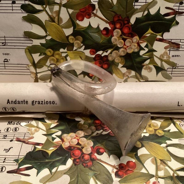 Antieke kerstbal trompet, kort halsje, beetje beschadigd, 8 cm