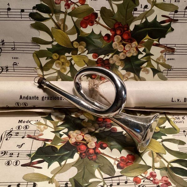 Antieke kerstbal trompet, met rietje, maakt geluid! (Zware toon)