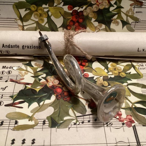 Antieke kerstbal trompet, met rietje, zacht geluid, 10 cm