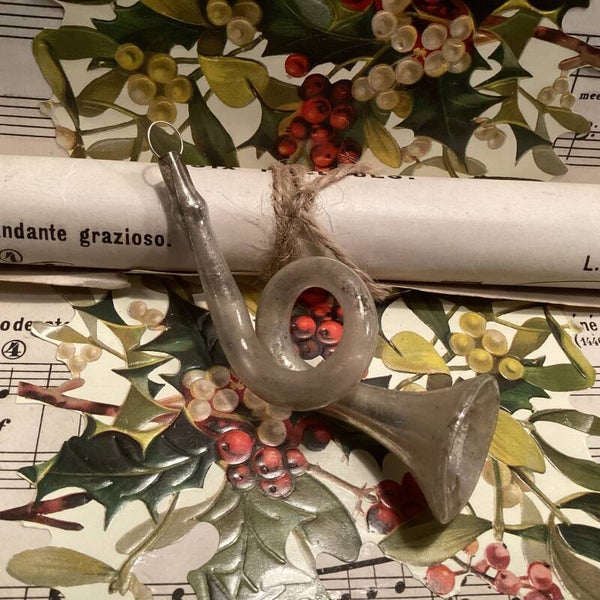 Antieke kerstbal trompet, transparant verweerd, 8 cm