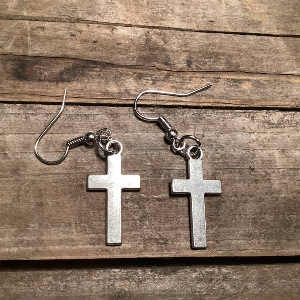 Oorbellen recht effen zilver kruis 25 mm oorhangers