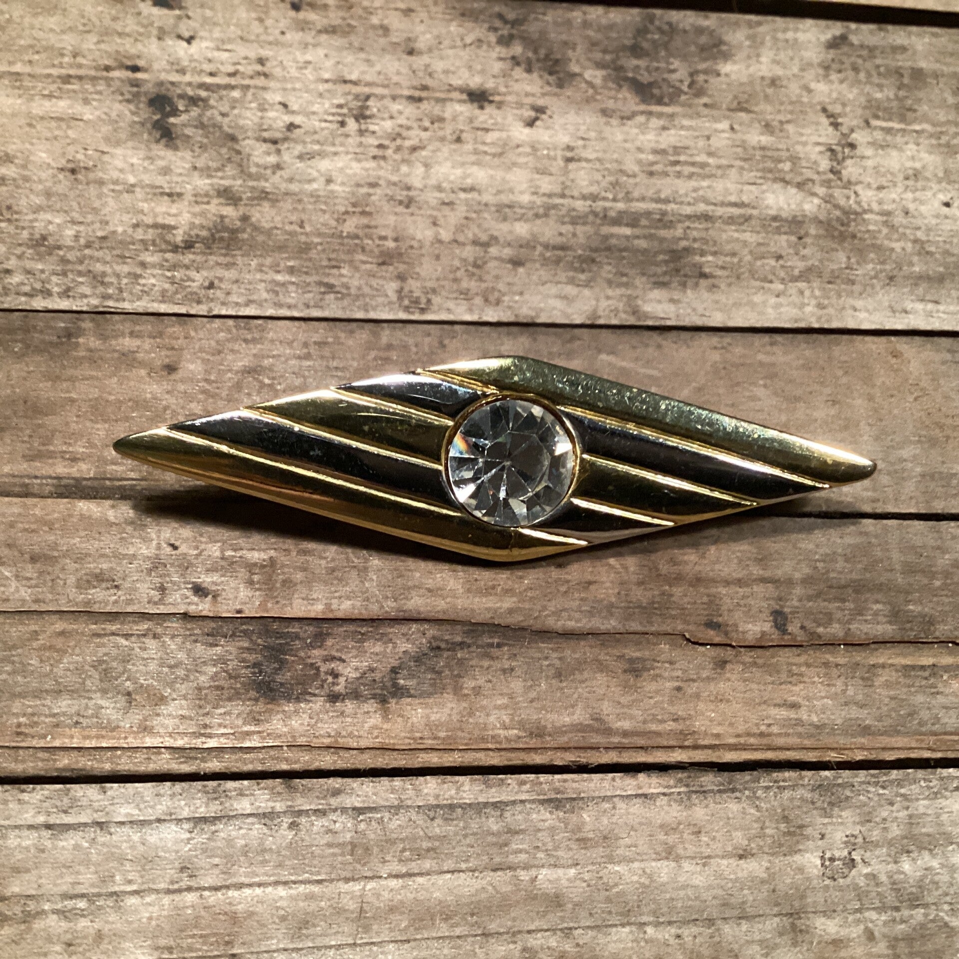 Vintage broche goud zilver facetsteen, 7x2 cm
