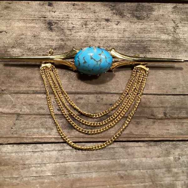 Vintage broche turquooise steen, 9x5 cm
