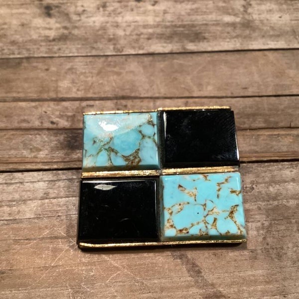 Vintage broche 4x3,5 cm turquooise zwarte steen