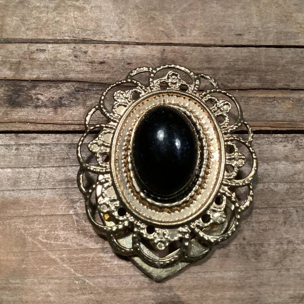Vintage sjaalspeld met zwarte steen, 4x3,5 cm