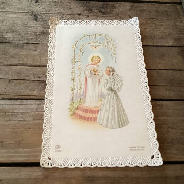 Religieus antiek communie prentje met kant