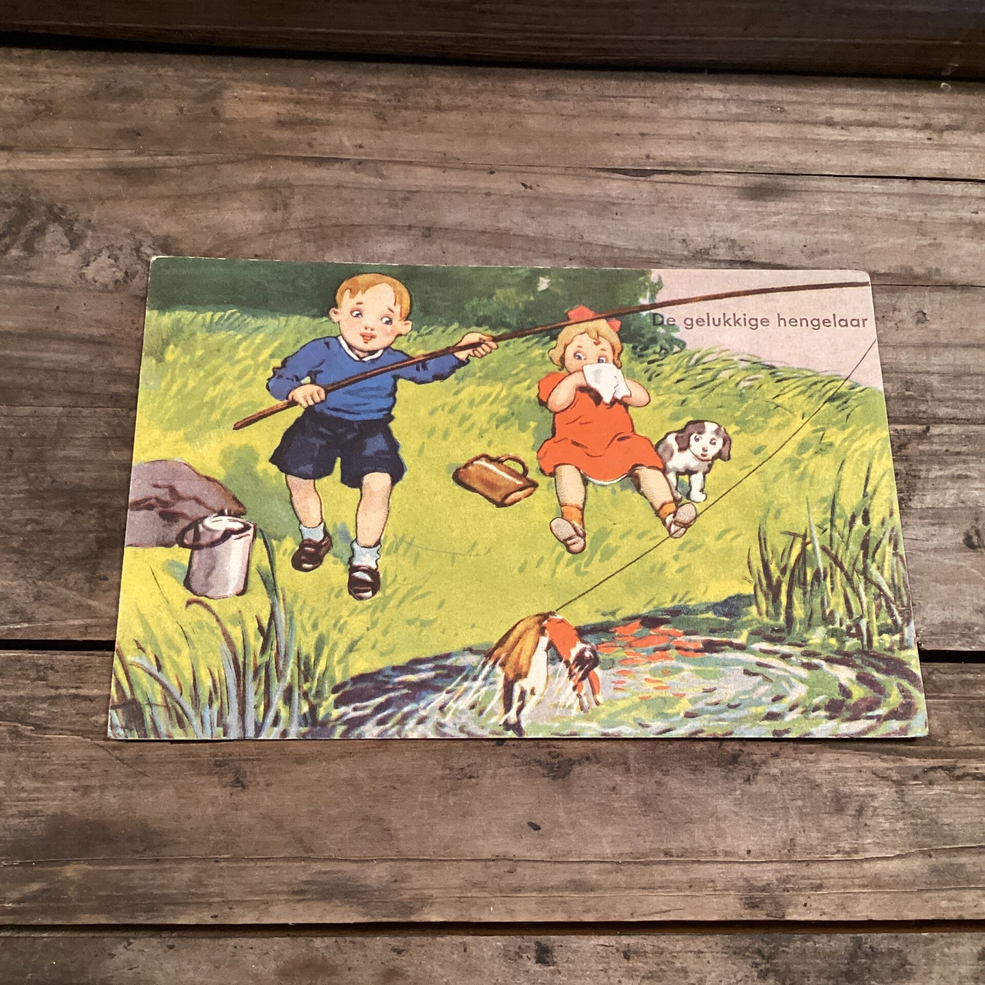 Antieke kinderkaart De gelukkige hengelaar