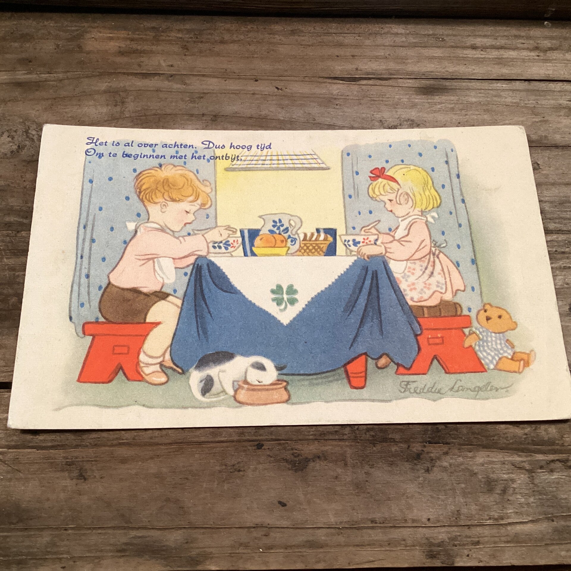 Antieke kinderkaart Freddie Langeler ontbijt