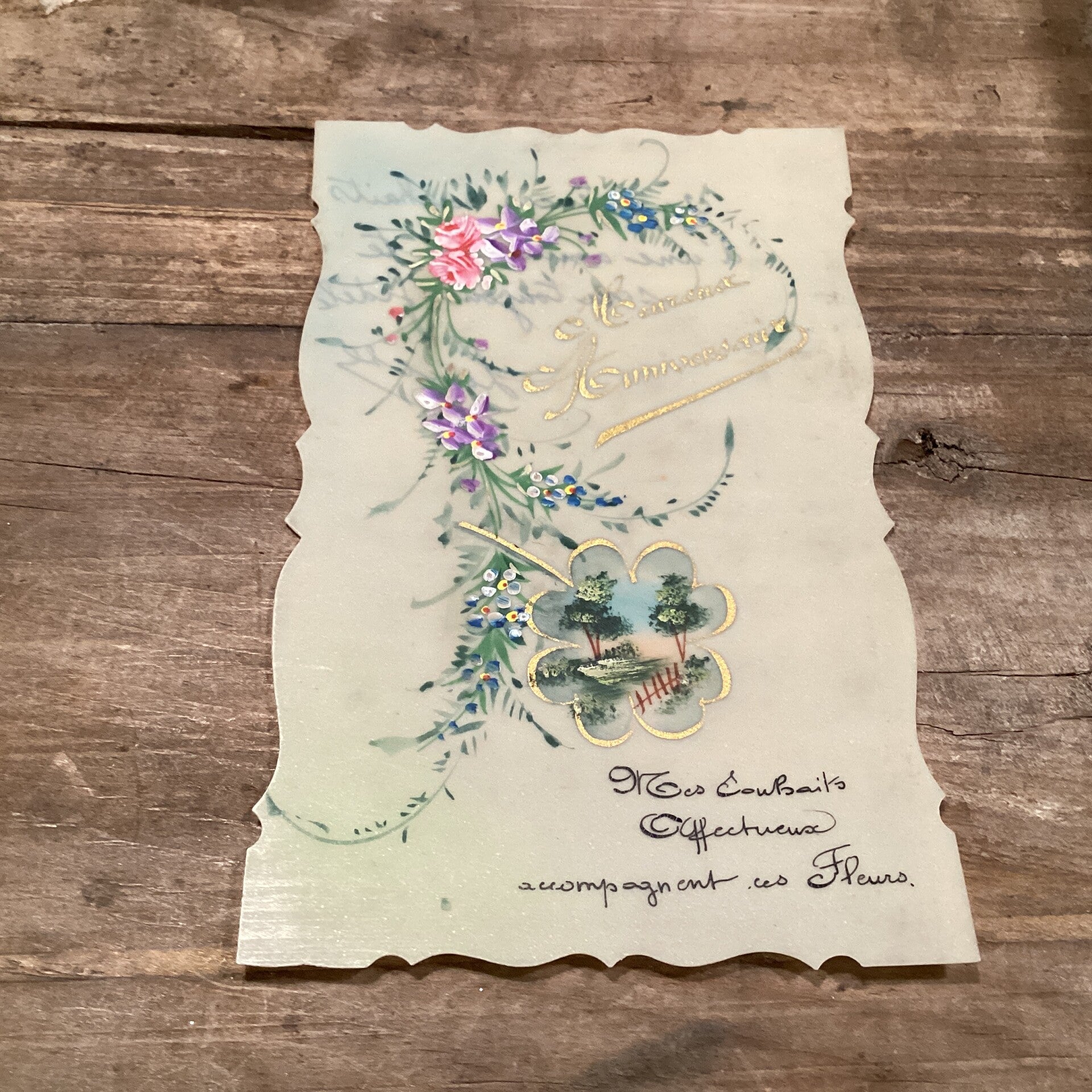 Antieke verjaardagskaart celluloïd hand beschilderd