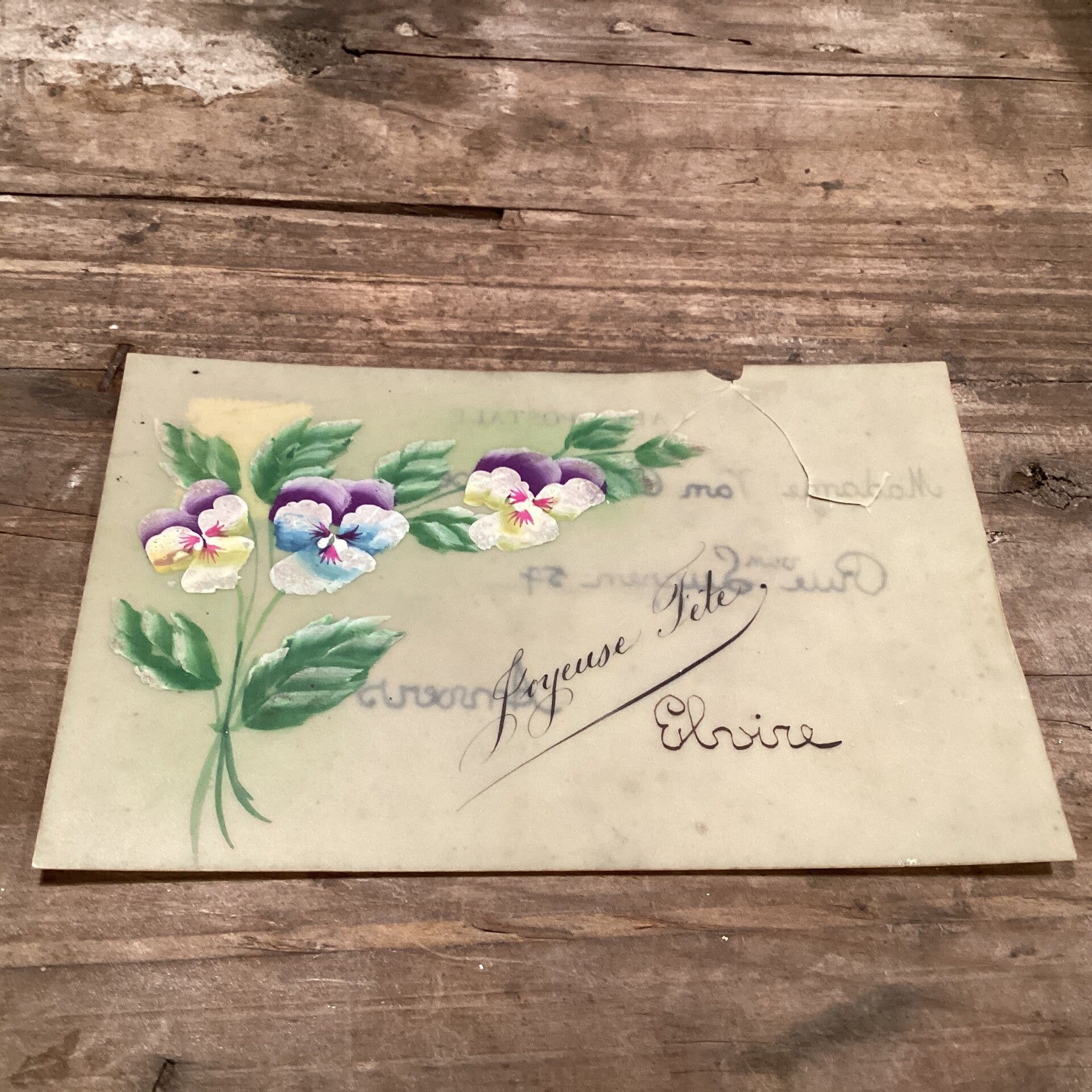 Antieke verjaardagskaart, celluloïd, handbeschilderd, helaas gescheurd, toch de moeite