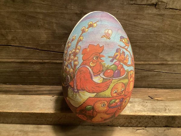 Vintage candy container ei met kippenfamilie, eitjes, 13 cm