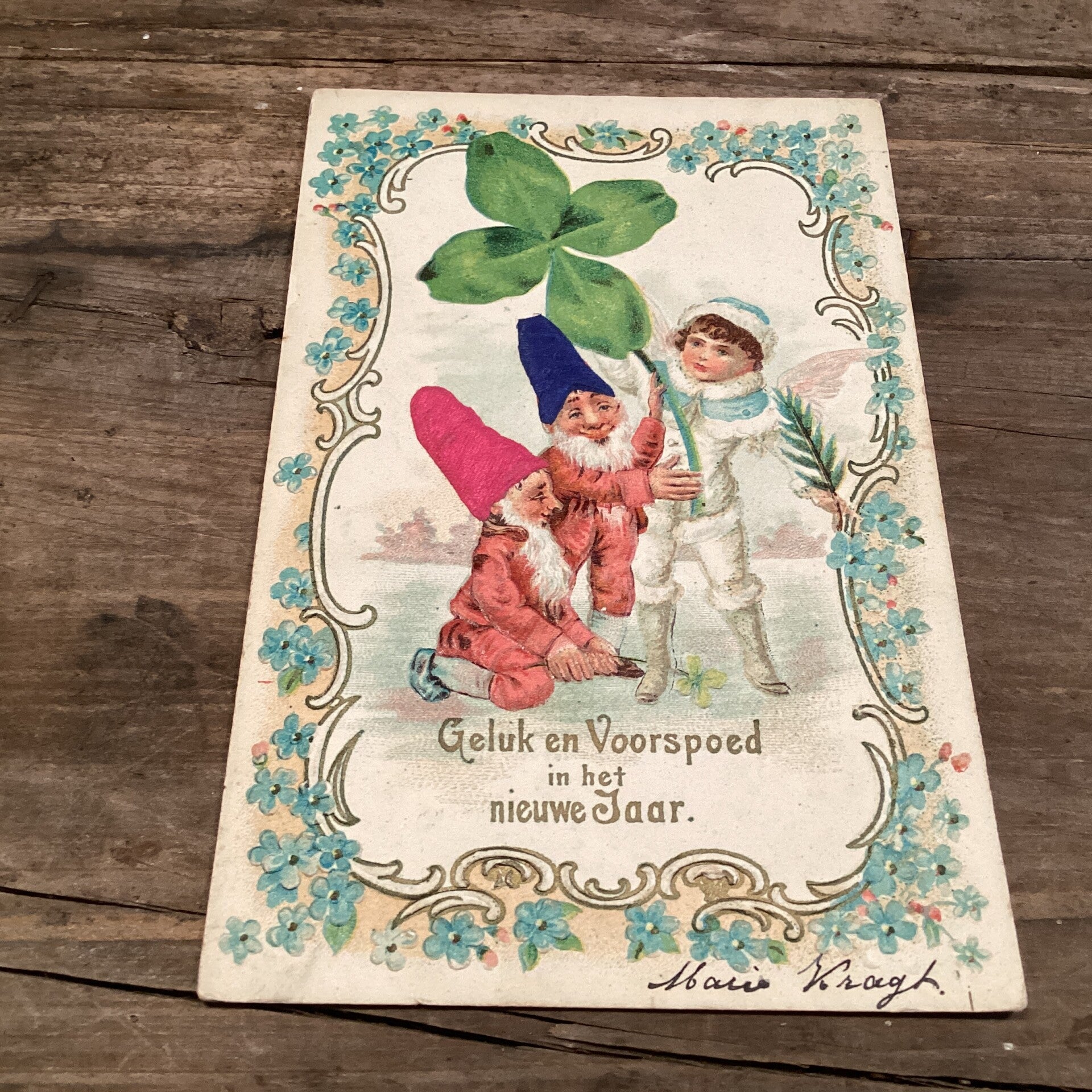 Antieke nieuwjaarskaart met kabouters In reliëf en stof 1903