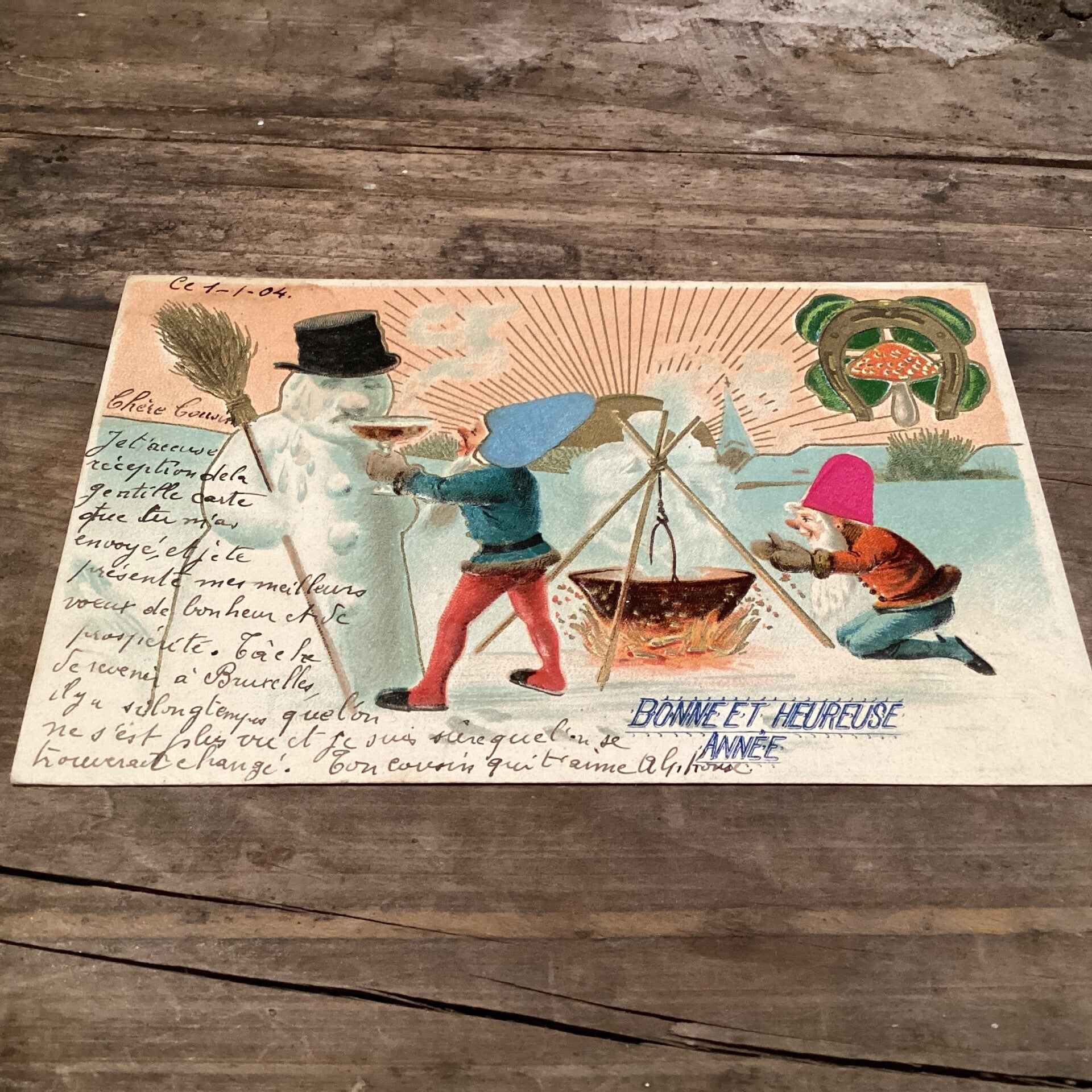 Antieke nieuwjaarskaart met kabouters In reliëf met stof 1904