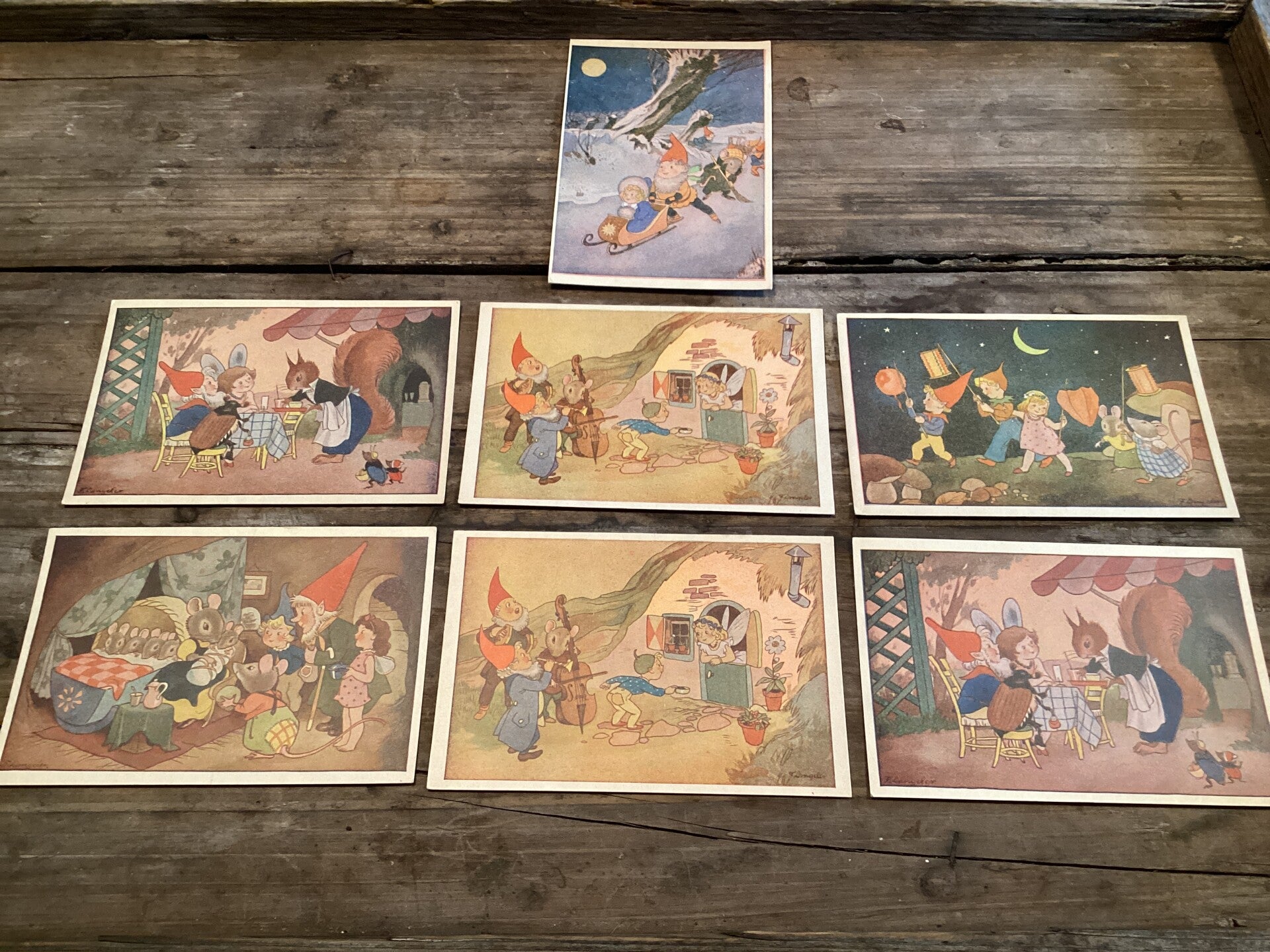 7x Freddie Langeler antieke ansichtkaarten thema kabouters onbeschreven