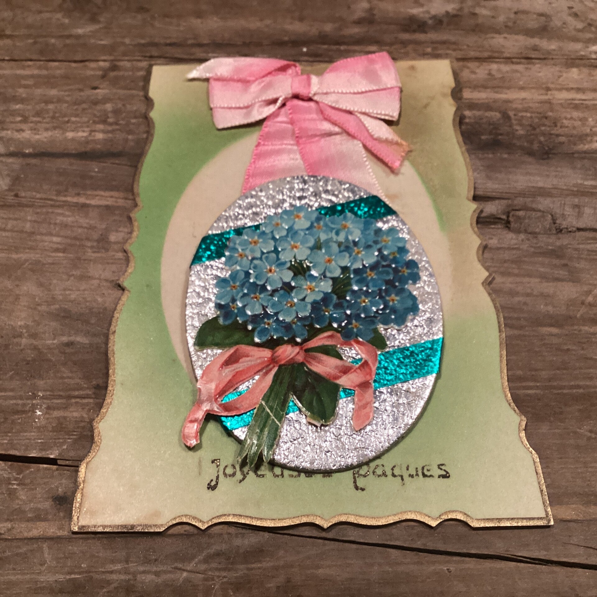 Antieke paaskaart, celluloid, satijn lint, los kartonnen ei, begin 1900, onbeschreven