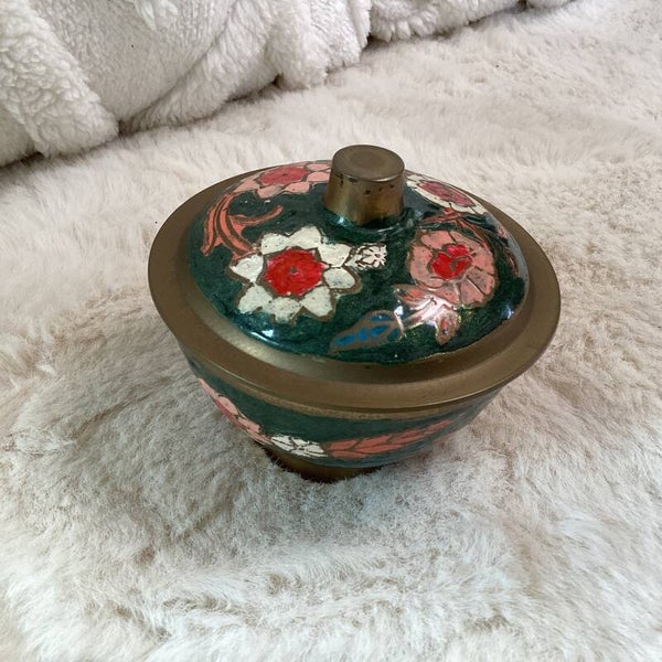 Cloisonné opbergpotje, met deksel, koper met emaille, 6x6 cm