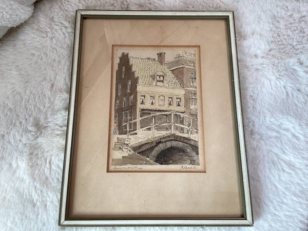 Schilderijtje, litho van oud Leeuwarden, achter glas, 20x10 cm