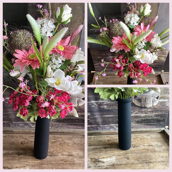 Zomerboeket (kunst) met mat zwarte glazen vaas hoogte 75 cm