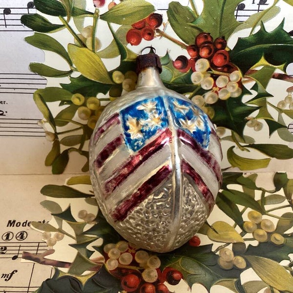 Zeldzame kerstbal met Amerikaanse vlaggen en strepen, beide zijden, 9x6x4  cm