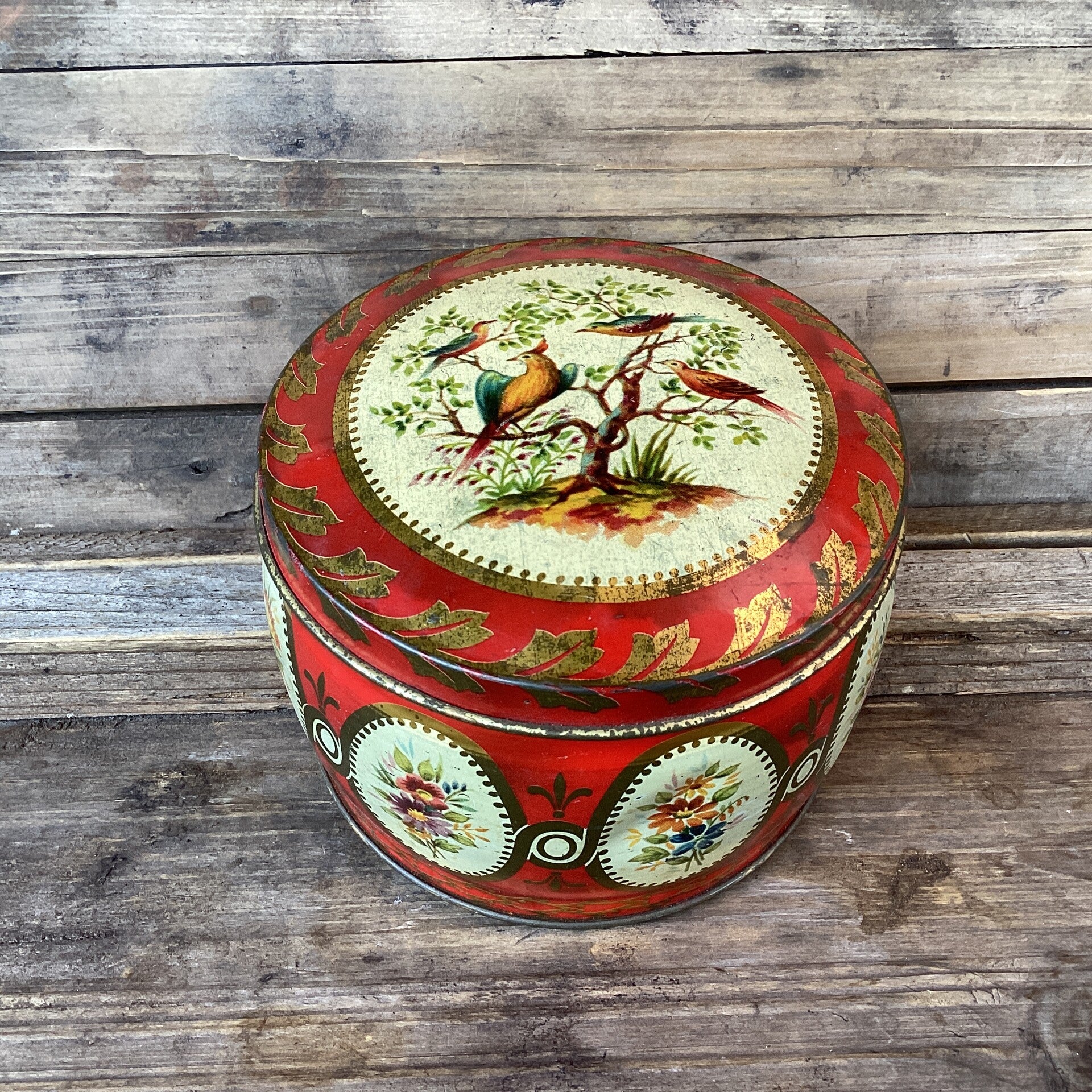 Mooi rond blik met vogels en bloemen 11x8 cm