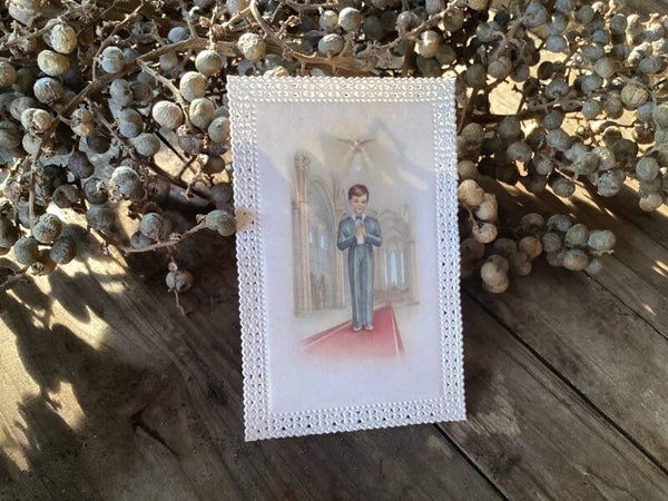 Religieus antiek communie prentje met kant