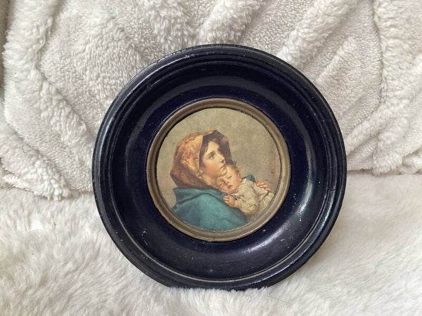 Antiek schilderijtje, Maria met kindje Jezus, diameter 15 cm